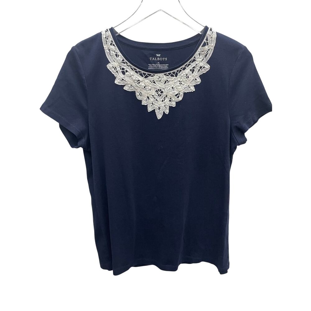 Talbots Navy Pima Cotton Short Sleeve Top Lace Collar Size XL
